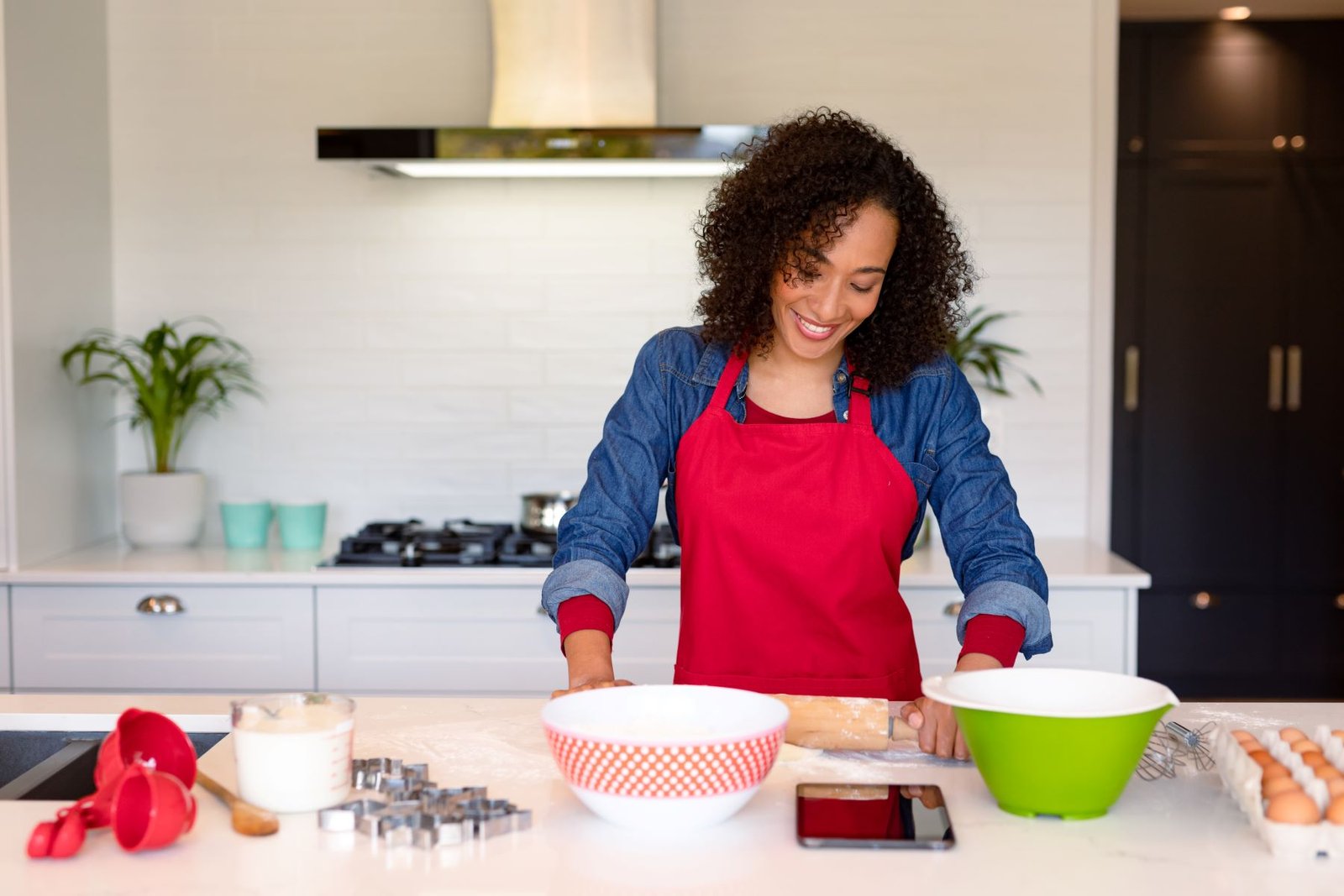 Happy African American Woman Wearing Apron Baking