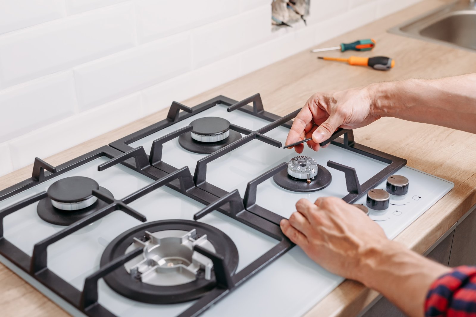 Man Hand Install Burner On Gas Hob In Kithen Repair Propane